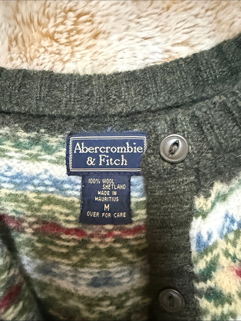 Abercrombie & Fitch Vintage Dark Olive Fair Isle Yoke Cardigan - Picture 2 of 8